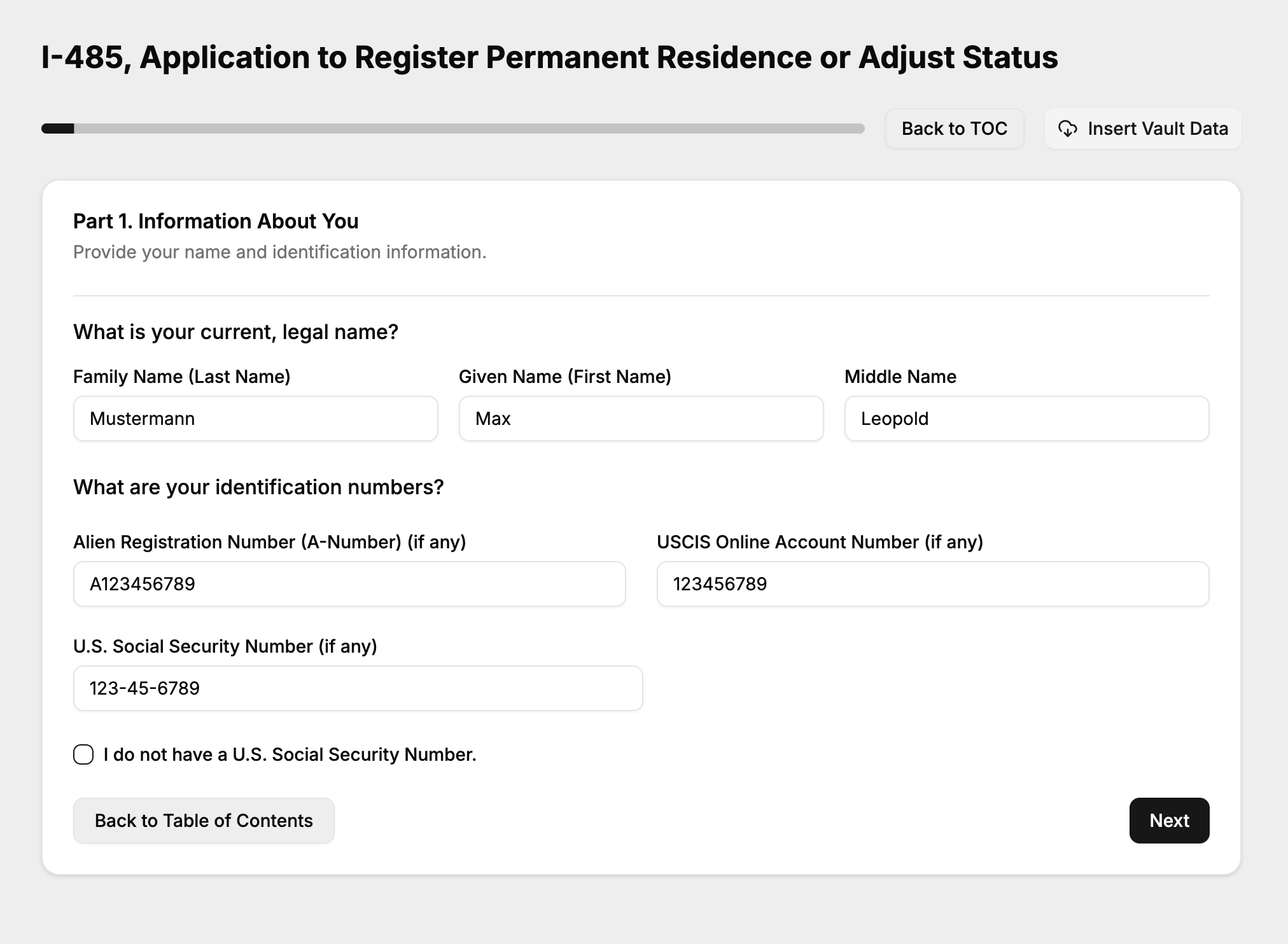 AI-powered form completion showing an I-485 application being filled out