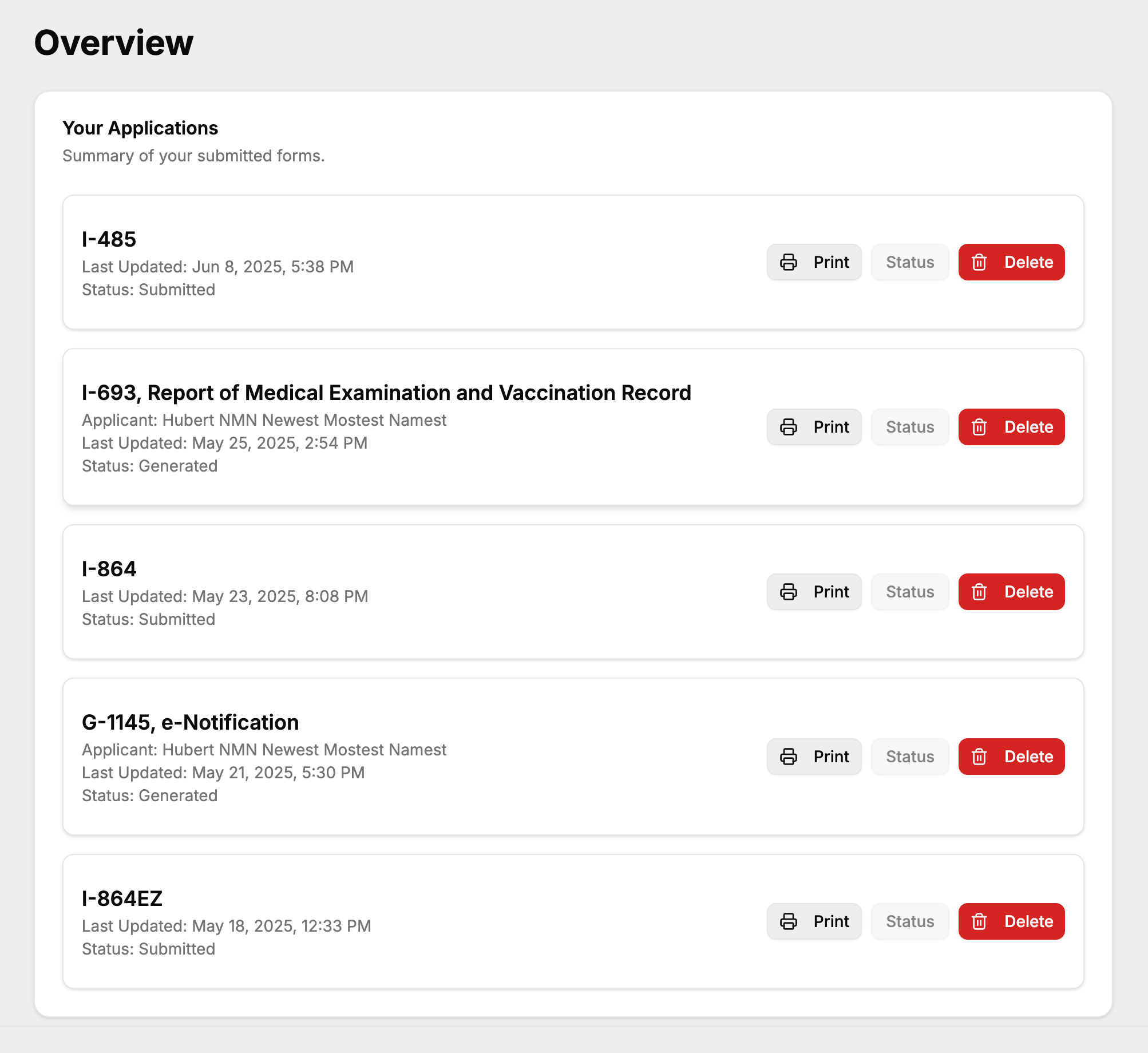 Application overview dashboard showing submitted forms