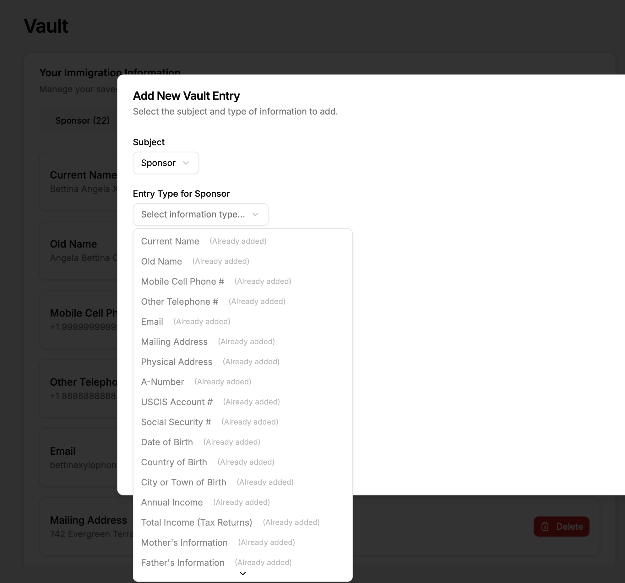 Vault interface showing information collection and management